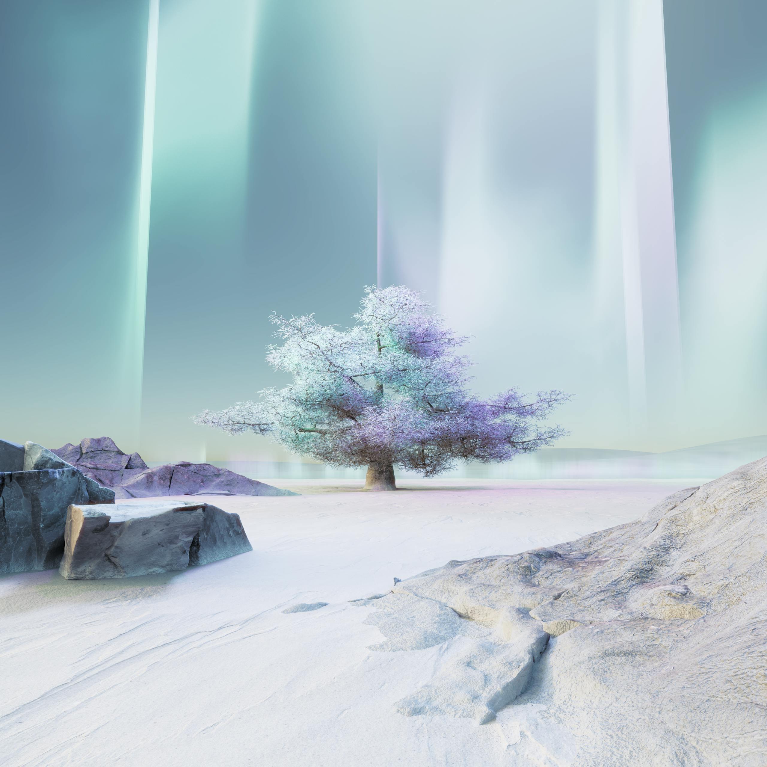 Dreamlike winter scene with aurora and lone frosted tree, surreal and ethereal.